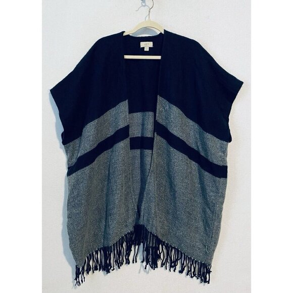 LOFT Kimono Womens One Size Blue Gray Striped Open Front Fringe Hem Boho - Picture 1 of 7